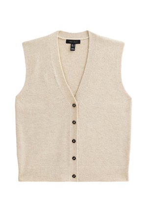Beige mouwloze gebreide vest met V-hals en vijf zwarte knopen aan de voorkant, geribbelde zoom en "New Look" label achter de kraag.