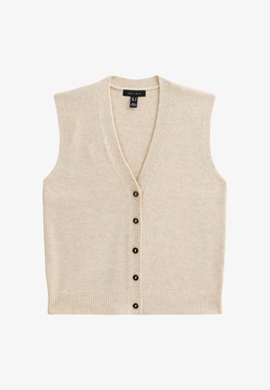 Beige sleeveless knitted vest with V-neck and five black buttons down the front, ribbed hem, and "New Look" label inside collar.