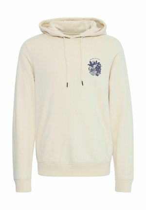 Cremekleurige hoodie met een kangoeruzak, capuchon met trekkoord en een marineblauw grafisch ontwerp op de borst. Zachte, gladde stof en ribbelmanchetten.