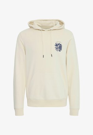 Kreemivärvi kapuutsiga sviiter, kus on jõulukott, nööri kapuuts ja tumesinine graafika rinnal. Pehme, sile kangas, ribaga mansetid.