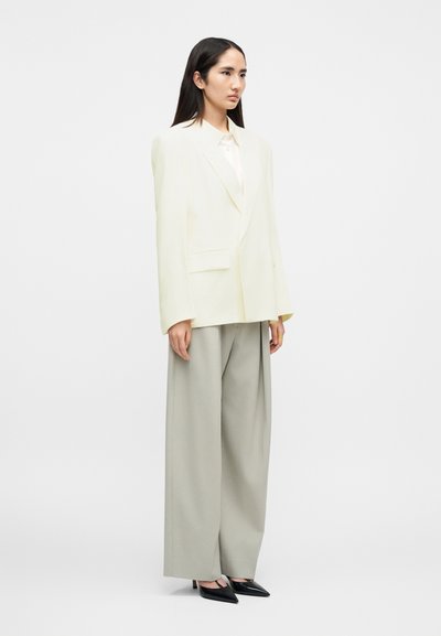 Γυναίκα με μακριά σκουρόχρωμα μαλλιά φορώντας φαρδιά ανοιχτό κίτρινο σακάκι, φαρδιά γκρι παντελόνια και μαύρα μυτερά τακούνια, στέκεται μπροστά σε λευκό φόντο.