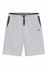 Lichtgrijze shorts met een textuurpatroon, elastische tailleband, zwarte trekkoord en zijzakken. Voorzien van een klein zwart "BOSS" logo.