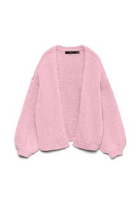 Cardigan rosa in maglia grossa aperto sul davanti, con maniche lunghe a sbuffo e polsini a coste, steso su uno sfondo bianco.