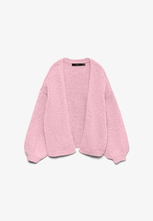 Roze dikke gebreide open-front cardigan met lange pofmouwen en geribbelde manchetten, plat uitgestald op een witte achtergrond.