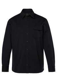 Schwarzes Langarmshirt aus leichtem Stoff mit Knopfleiste, einer einzelnen Tasche und einem Kragen mit glatter Textur.