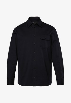 Sort langærmet skjorte lavet af letvægtsstof, med knaplukning foran, en enkelt lomme og en krave med en glat tekstur.