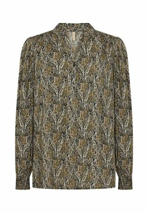 Bluza dugih rukava u maslinasto zelenoj boji s složenim bijelim i zlatnim uzorkom paisley, s dekolteom u obliku slova V i nabranim manžetama.