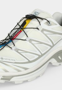 Scarpa da trail running bianca e grigia con etichetta Gore-Tex, lacci neri elastici e linguetta con marchio blu, giallo, rosso e nero.