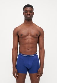 Blue boxer briefs with a smooth texture and elastic waistband featuring "BJÖRN BORG" branding in white. Fits snugly with a classic cut.