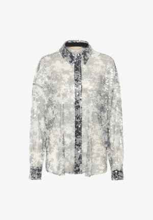 Durchsichtige Bluse mit langen Ärmeln in Silber- und Schwarzpaillettenmuster, ausgestattet mit einem spitzen Kragen, Knopfverschluss und Manschetten an den Handgelenken.