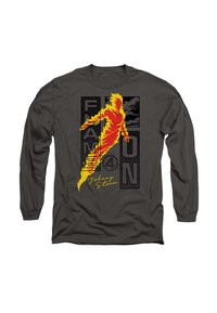 Langärmliges T-Shirt in Anthrazit mit einem Grafikmotif eines flammenartigen Figuren in Rot und Gelb, mit dem Text "FLAME ON" und "Johnny Storm."