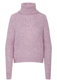 Ljusrosa polotröja med ribbat mönster, långa ärmar och en avslappnad passform. Har en grovstickad design och rullad halsringning.