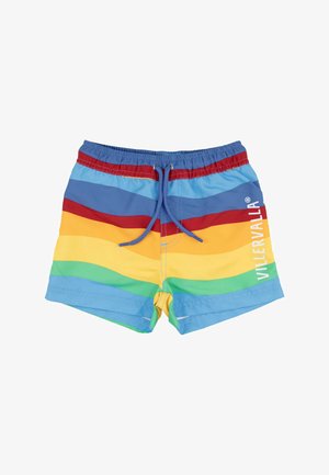 Multicolored swim shorts featuring horizontal stripes in blue, red, yellow, and green. Includes an elastic waistband and drawstring.