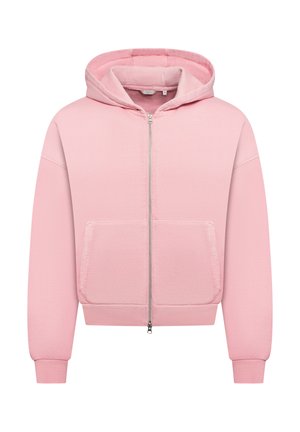 Pink zip-up hoodie with a drawstring hood, front pockets, ribbed cuffs, and a smooth texture. Simple, casual design with a relaxed fit.