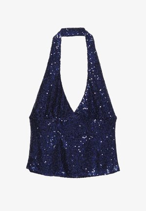 Tengerészkék pánt nélküli felső flitterekkel, mély V kivágással és szegéllyel alul. Sima textúrájú, csillogó felülettel.