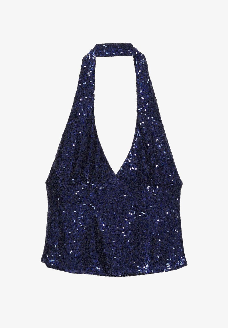 Tengerészkék pánt nélküli felső flitterekkel, mély V kivágással és szegéllyel alul. Sima textúrájú, csillogó felülettel.