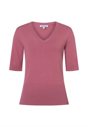 Haut tricoté rose poudré à manches courtes avec col en V et ourlet et poignets côtelés, présenté sur fond blanc uni.