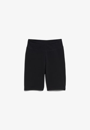 Shorts de cyclisme noirs taille haute en tissu extensible, avec une texture lisse et sans motifs ni détails en métal visibles.