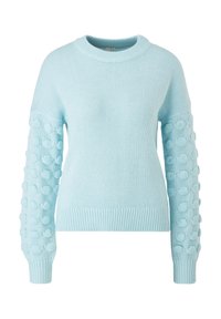 Pull bleu clair avec un col rond, un corps en tricot texturé et un motif bouffant sur les manches. Comprend des poignets et un ourlet côtelés.
