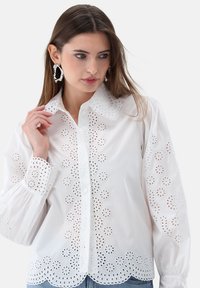 White button-up blouse featuring detailed eyelet embroidery, a scalloped hem, and long puff sleeves with elastic cuffs.