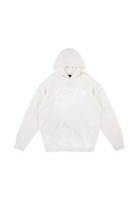 Biała bluza z kapturem, z kieszenią kangurzą, z dużym haftowanym logo z przodu. Miękka tkanina, standardowy krój i ściśnięte mankiety.