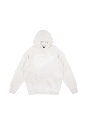 Biała bluza z kapturem, z kieszenią kangurzą, z dużym haftowanym logo z przodu. Miękka tkanina, standardowy krój i ściśnięte mankiety.