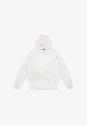 Biała bluza z kapturem, z kieszenią kangurzą, z dużym haftowanym logo z przodu. Miękka tkanina, standardowy krój i ściśnięte mankiety.