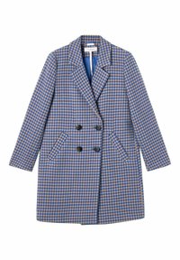 Dvoubreastedový kabát v modrém a béžovém vzoru psí zub, s klopovým límcem, dvěma bočními kapsami a černými knoflíky.