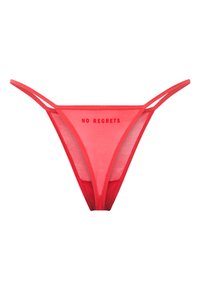 Sous-vêtements bikini en maille rouge avec double fines bretelles et texte « NO REGRETS » imprimé au centre devant.