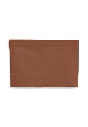 Brown ribbed fabric with a smooth bottom hem, featuring a solid pattern and minimal texture, designed in a rectangular shape.