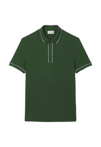 Polo shirt verde scuro in cotone, con un bordo bianco a contrasto attorno al colletto e alla pattina dei bottoni, con un logo ricamato.
