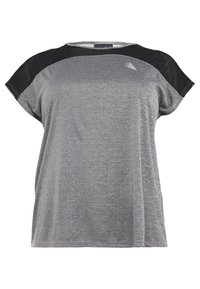 Grå kortærmet t-shirt med sorte detaljer på skuldrene, lavet af et letvægts, struktureret stof med en afslappet pasform.