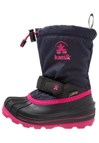 Marine vandtætte sneboots med rosa detaljer, gummisål, justerbar top, velcro-strop og tekstureret stof for holdbarhed. Velegnet til koldt vejr.