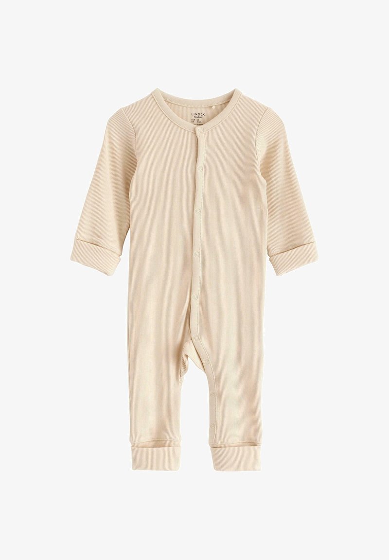 Combinaison beige à côtes pour bébé avec manches longues, fermeture à boutons devant et jambes à poignet. Texture douce et tissu léger adapté aux nourrissons.