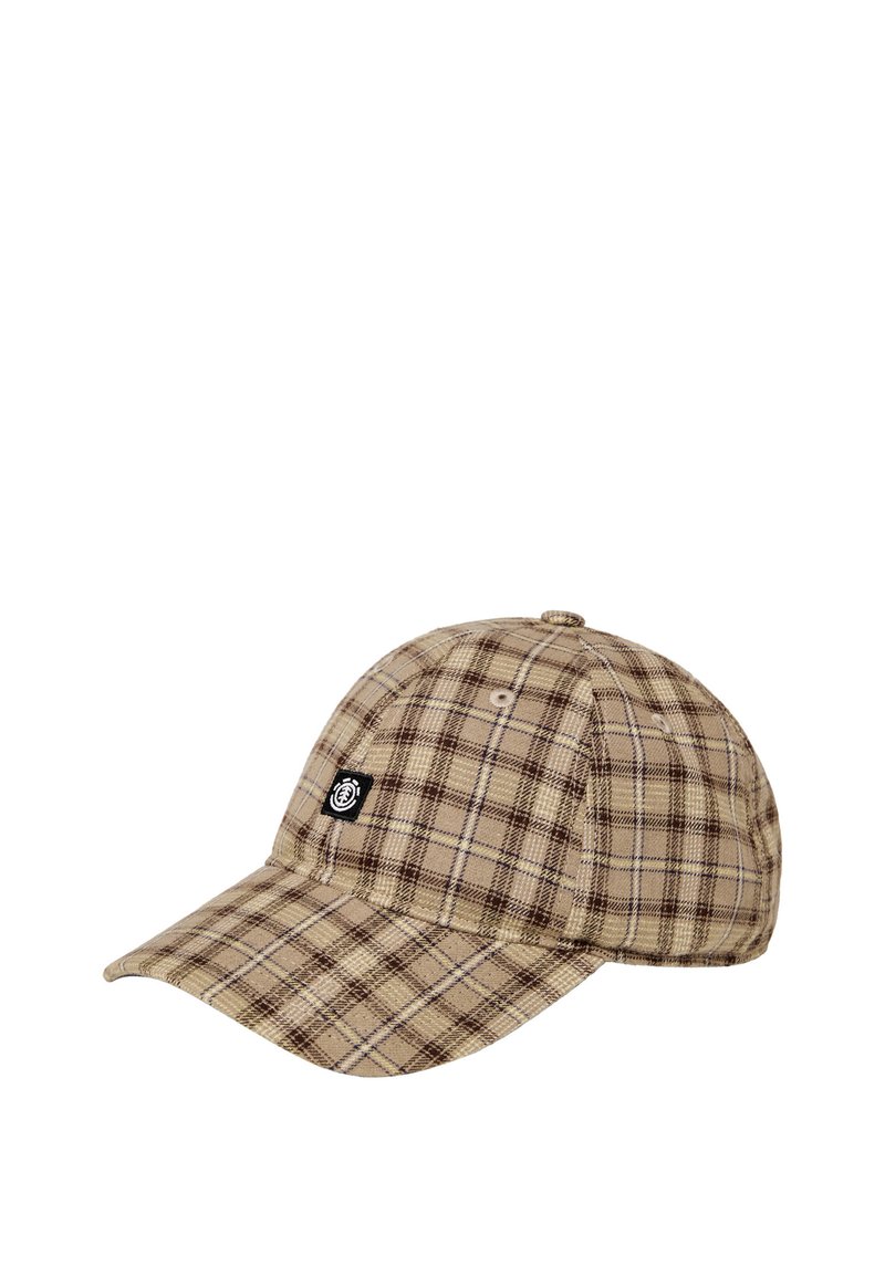 Cappello a scacchi in tonalità beige e marrone, realizzato in tessuto con una finitura testurizzata. Presenta una visiera curva e un piccolo patch con logo nero.