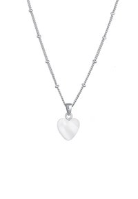 Sølv kædedesign med små runde accenter, som har en gennemsigtig hjerteformet pendant i hvid. Elegant design og glat tekstur.