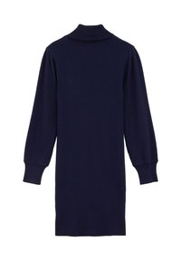 Tengerészes bordás pulóverruha hosszú puffujjakkal, magas gallérral és bordás mandzsettákkal, egyenes szabással és texturált anyaggal.