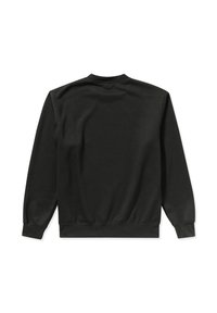 Sweatshirt noir en tissu doux, présentant un col rond, des poignets et un ourlet côtelés. Texture lisse sans motifs ni accents visibles.