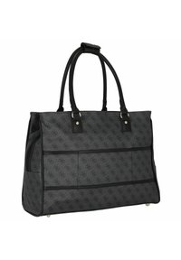 Borsa tote nera textured con doppi manici, caratterizzata da un discreto motivo a logo, chiusura con zip e cuciture decorative. Due tasche laterali per lo stoccaggio.