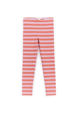 Różowo-pomarańczowe legginsy w poziome paski, dopasowane, z regulowanym paskiem zapinanym na guziki, pokazane na płasko na białym tle.