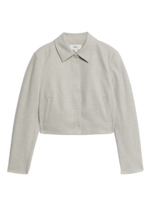 Zkrácený šedý blazer s dlouhými rukávy, špičatým límcem a dvěma postranními kapsami. Vyrobeno z texturované látky s hladkým povrchem.