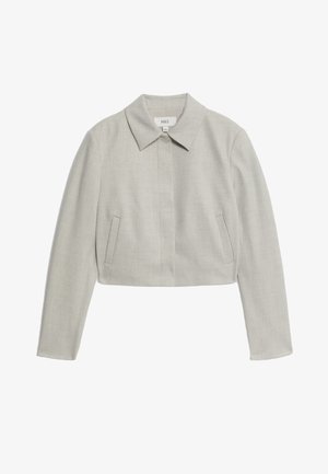 Gekürzter grauer Blazer mit langen Ärmeln, einem spitzen Kragen und zwei Seitentaschen. Hergestellt aus einem strukturierten Stoff mit einer glatten Oberfläche.