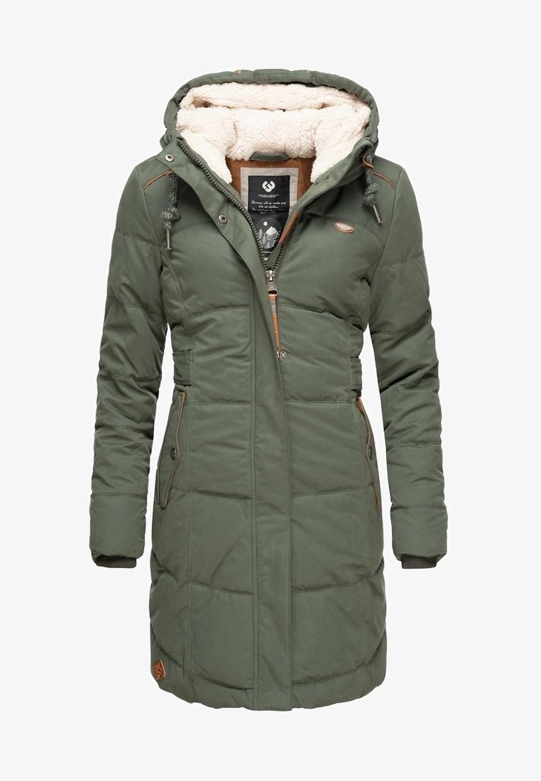 Green padded winter coat with hood lined in white fleece, front zipper, snap buttons, and zippered side pockets.