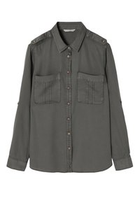 Chemise à manches longues vert olive foncé avec deux poches chest et des épaulettes boutonnées, présentée sur fond blanc.