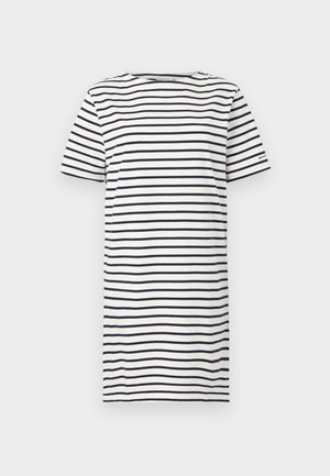 Prugasta majica s okruglim izrezom, kratkim rukavima i ležernim krojem. Boje su mornarsko plava i bijela u horizontalnim prugama.