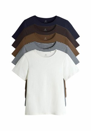 Set aus fünf Kurzarm-T-Shirts in verschiedenen Farben: marineblau, dunkelbraun, hellbraun, gestreift und weiß. Weicher Baumwollstoff, Rundhalsausschnitt.