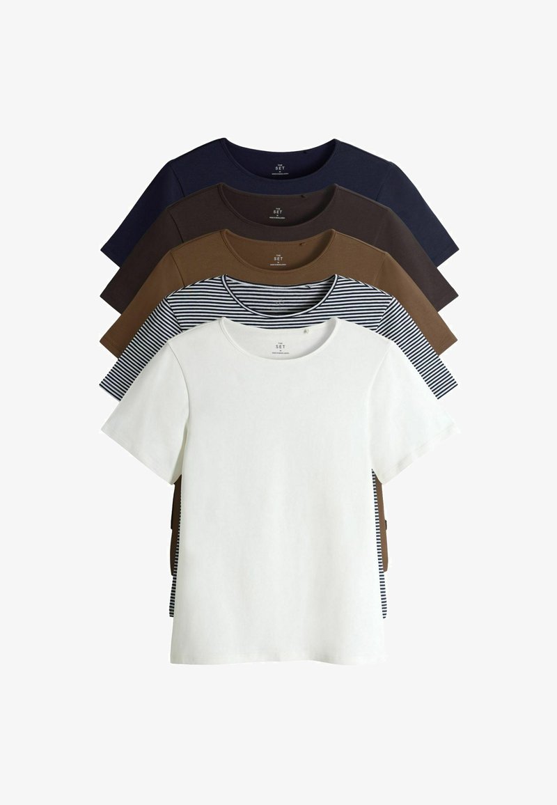 Set aus fünf Kurzarm-T-Shirts in verschiedenen Farben: marineblau, dunkelbraun, hellbraun, gestreift und weiß. Weicher Baumwollstoff, Rundhalsausschnitt.