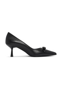 Black leather high-heeled pump with a pointed toe, featuring a small bow accent on the front and a slender, tapered heel.