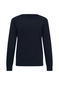 Pull en tricot bleu marine foncé à manches longues avec poignets, ourlet et encolure côtelés, vu de dos sur fond blanc.