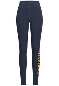 Leggings blue navy realizzati in tessuto elastico, con un design aderente. Un logo arancione "Lonsdale" e una grafica di leone decorano la gamba sinistra.